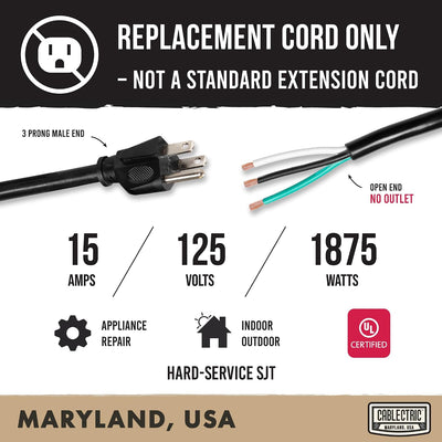 Cable repuesto 6ft 12/3 SJT NEMA 5-15P negro