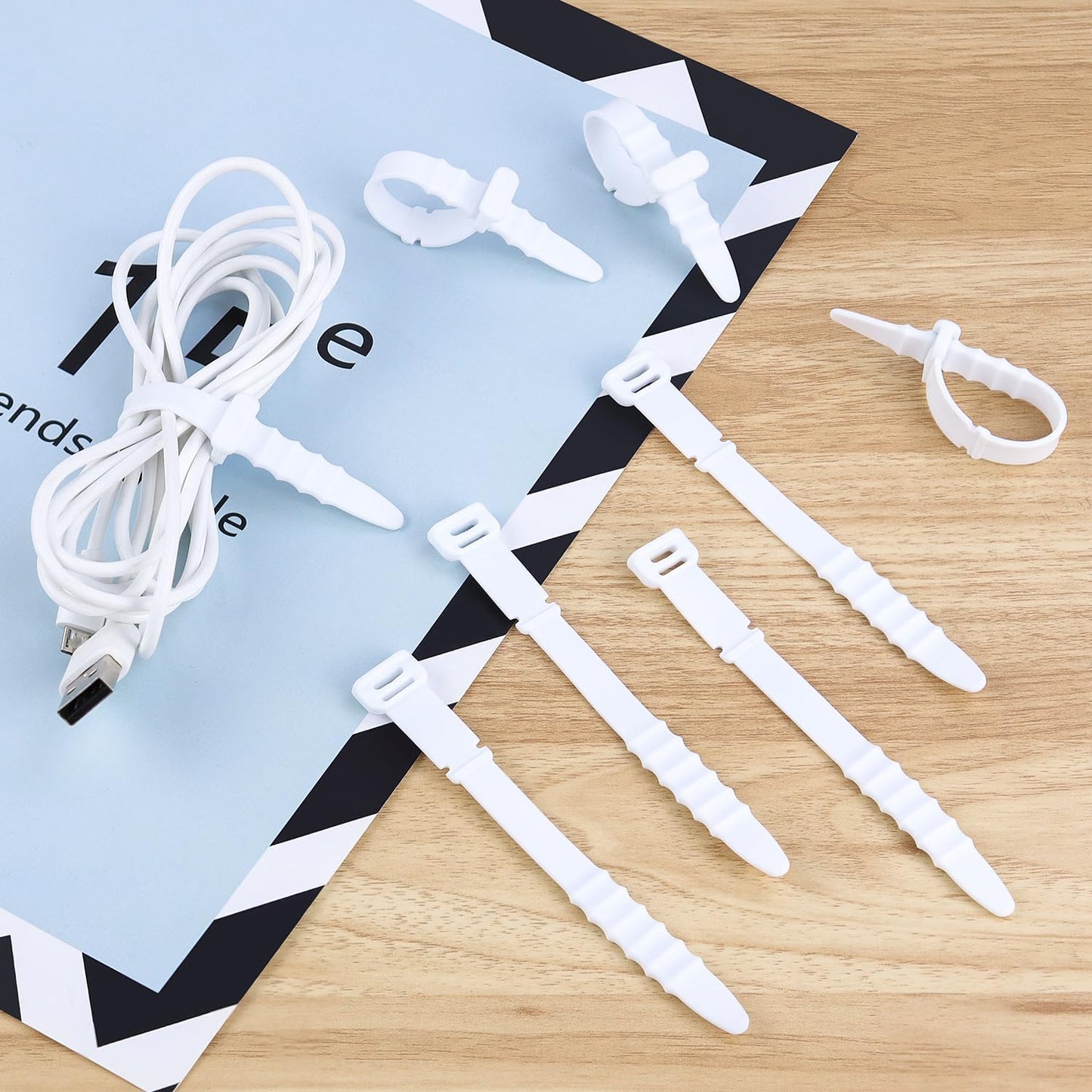 30 Bridas Silicona Cables 4.5" Organiz. Elástico Blanco