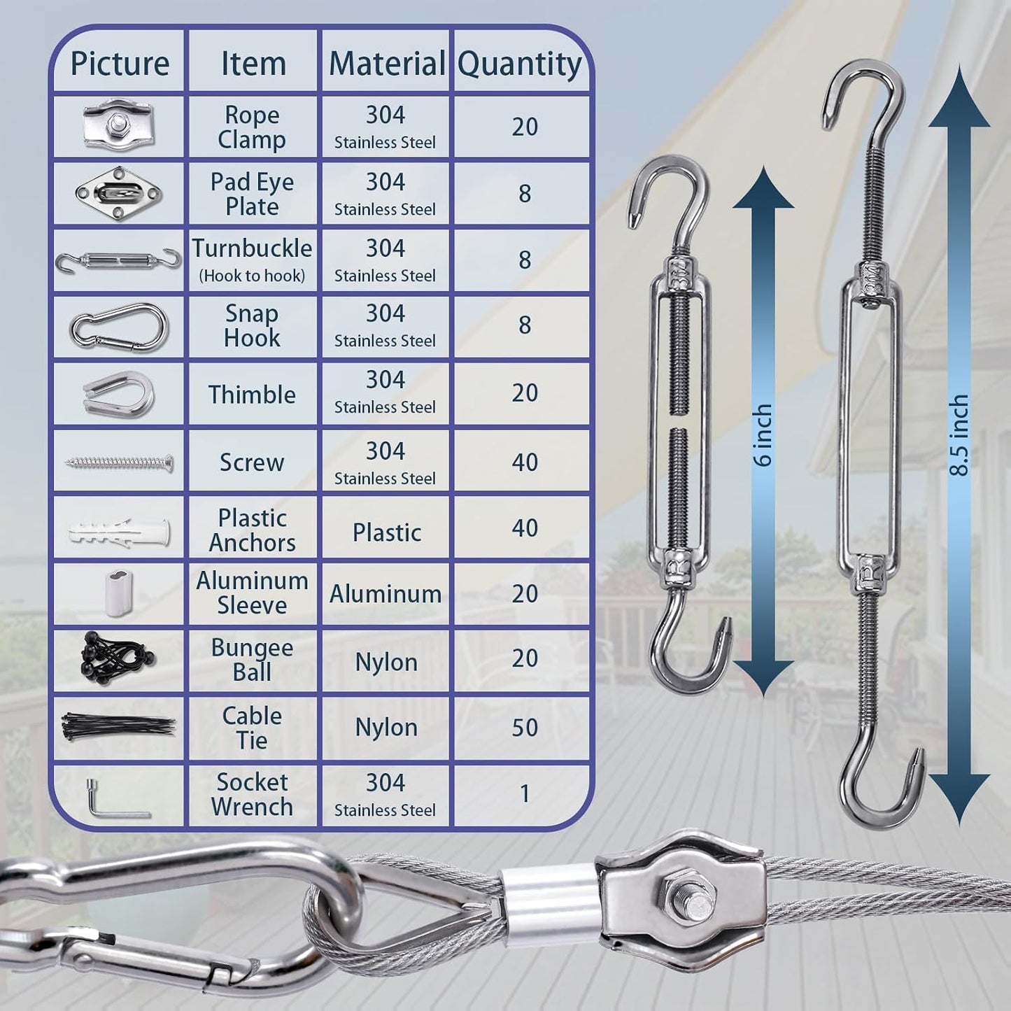 Kit accesorios vela 6pulg toldo tensores al aire libre 235uds
