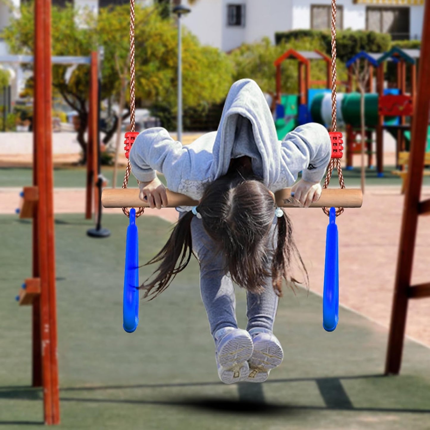 Barra trapecio madera anillos plástico set infantiles