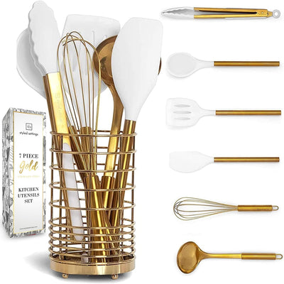 Juego 7 Pzas Utensilios Cocina Silicona Blanca Soporte Dorado