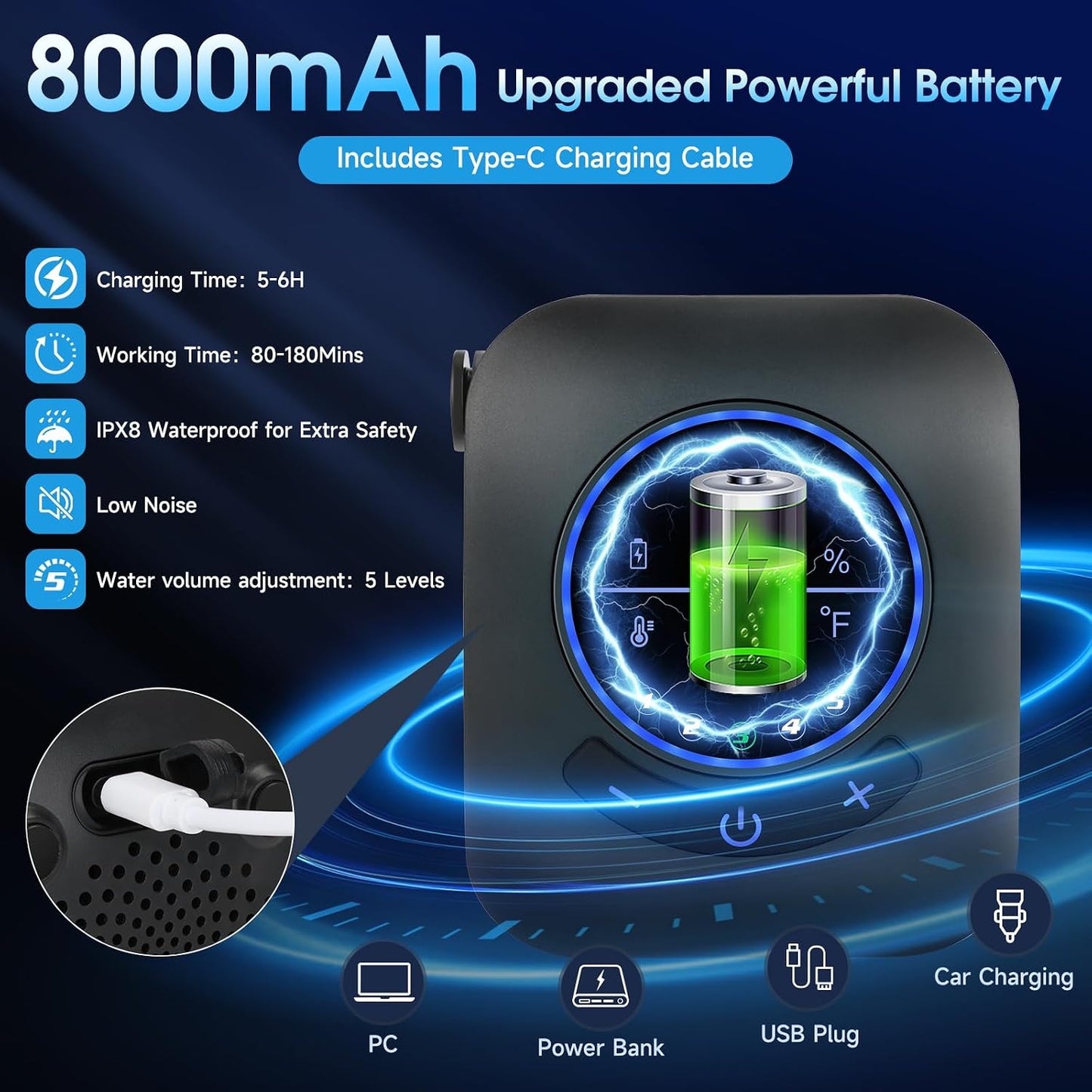 Ducha portátil con calentador 8000mah 5 vel 6l/min camping