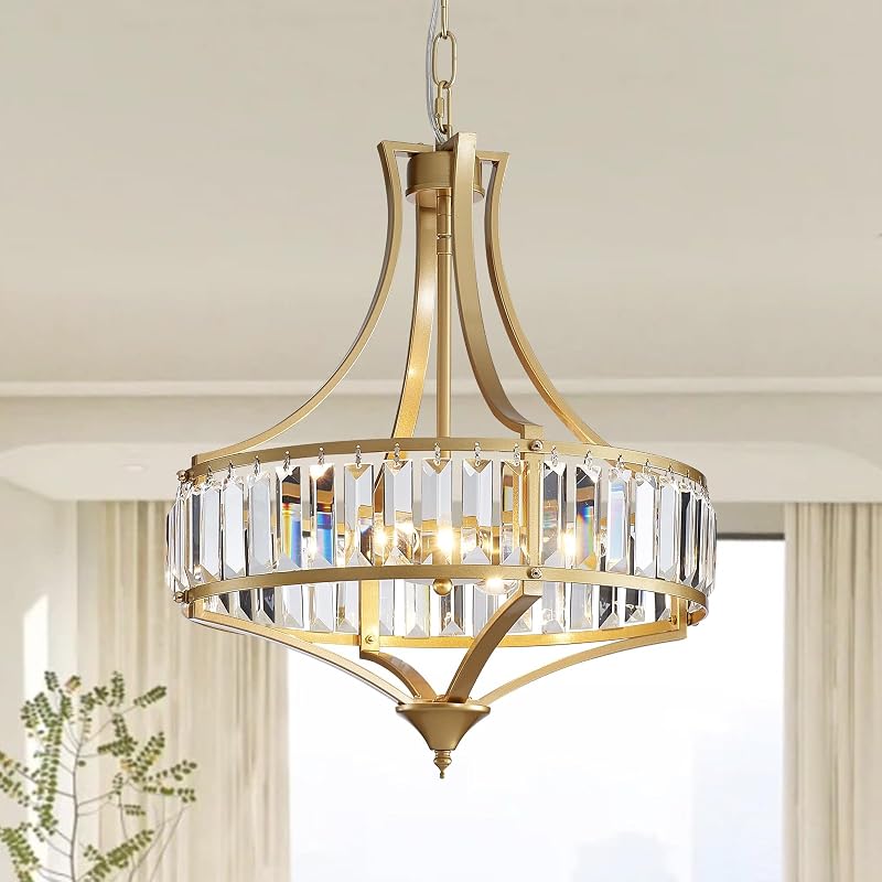 Lámpara de araña cristal dorado 4 luces para comedor y sala