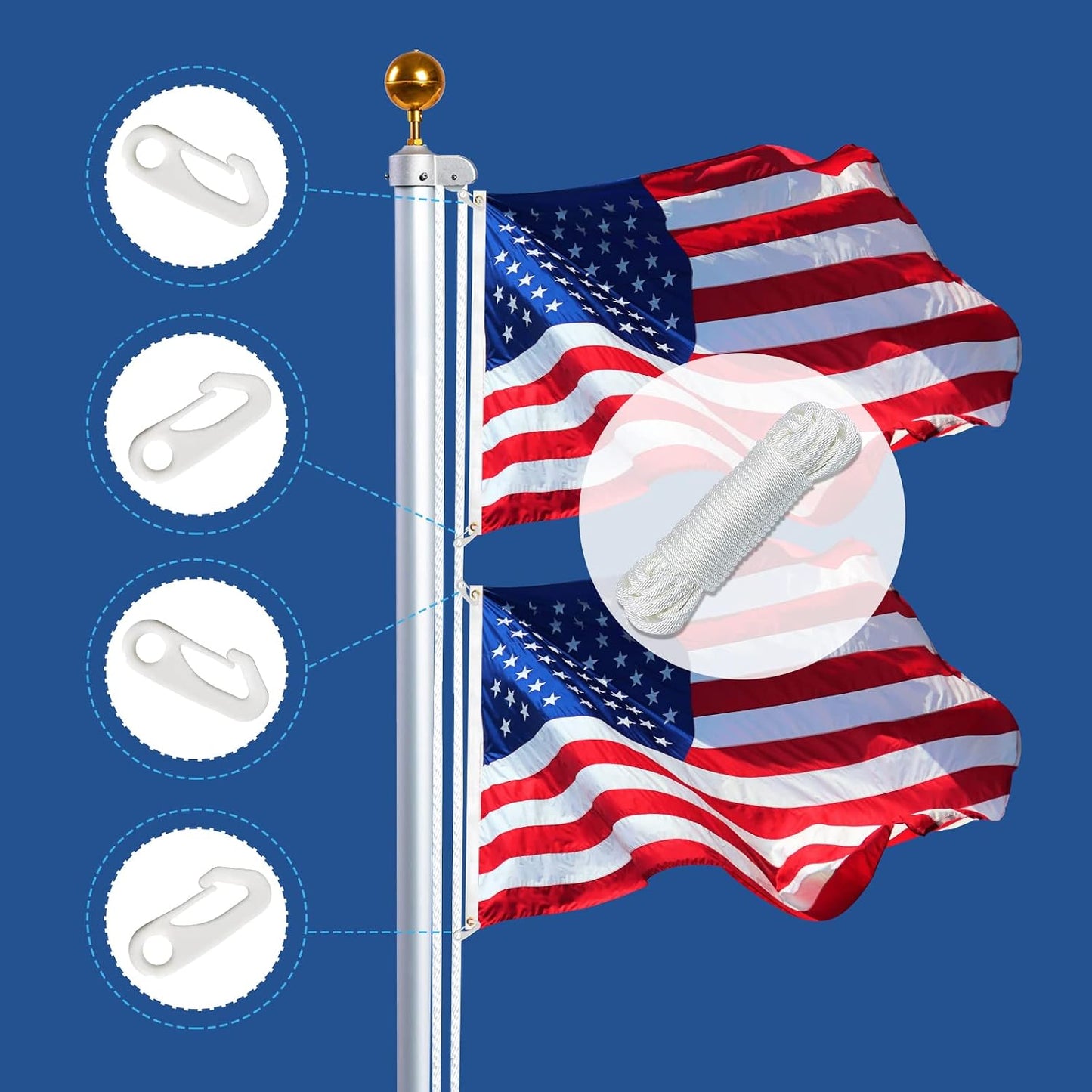 Kit cuerda asta bandera 50ft 1/4" con 4 clips nailon