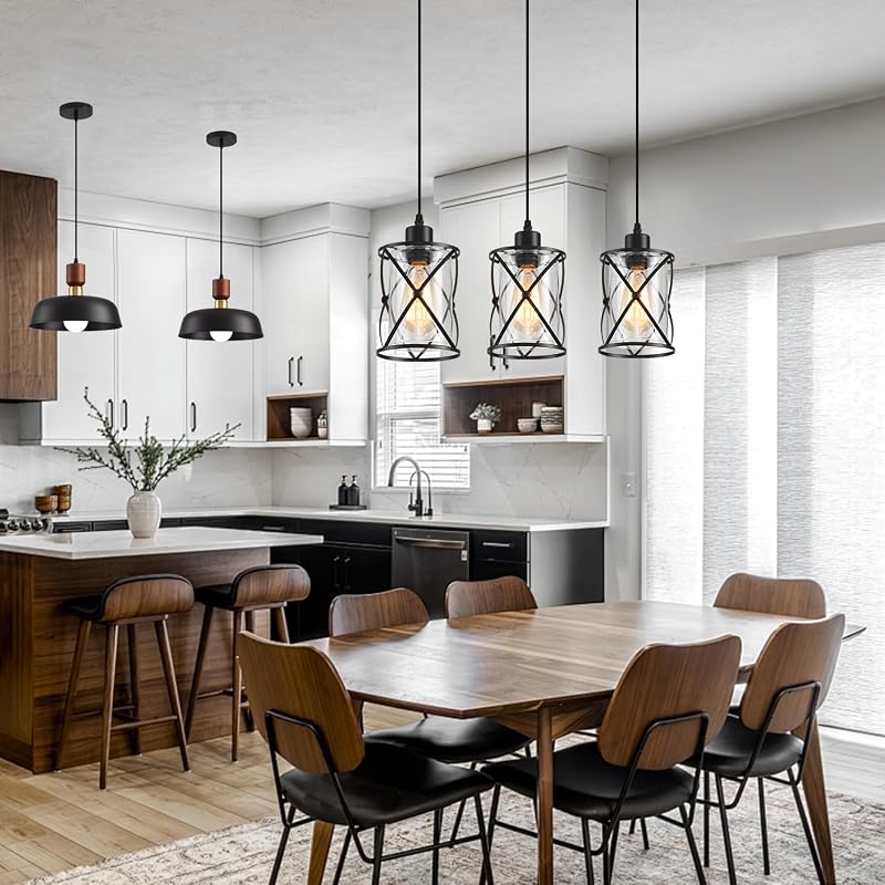 Lámpara colgante 3 luces vidrio negro isla cocina estilo