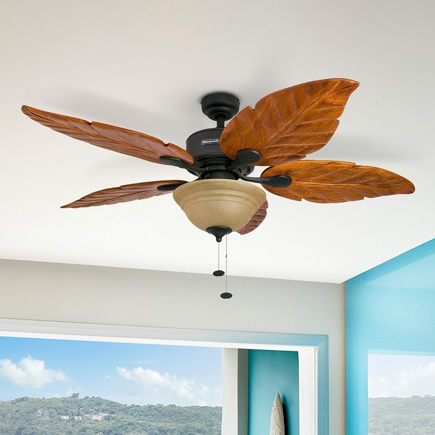 Ventilador techo LED 52pulg aspas madera talladas 50204-01