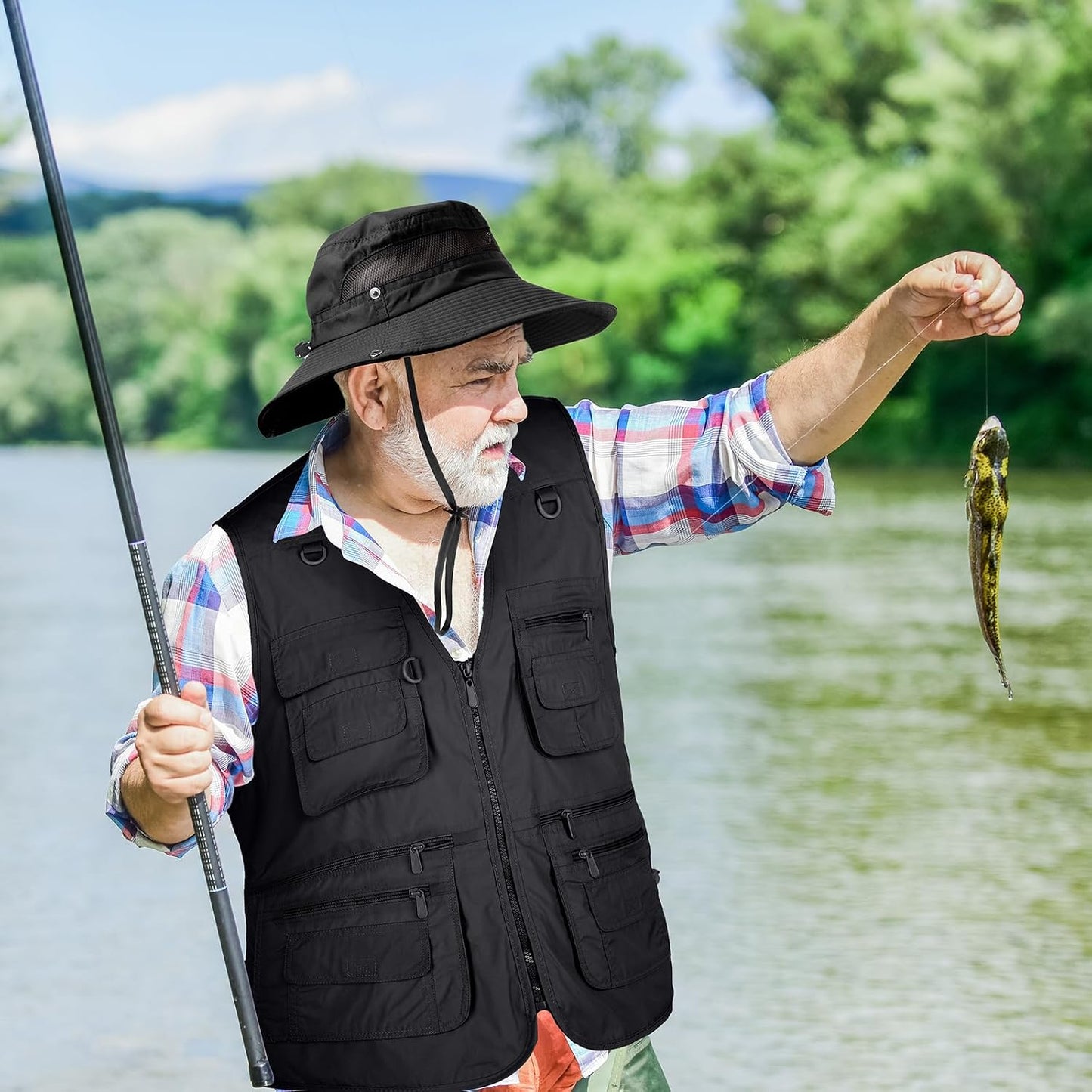 Chaleco pesca hombre 2 Pzas con sombrero bolsillos