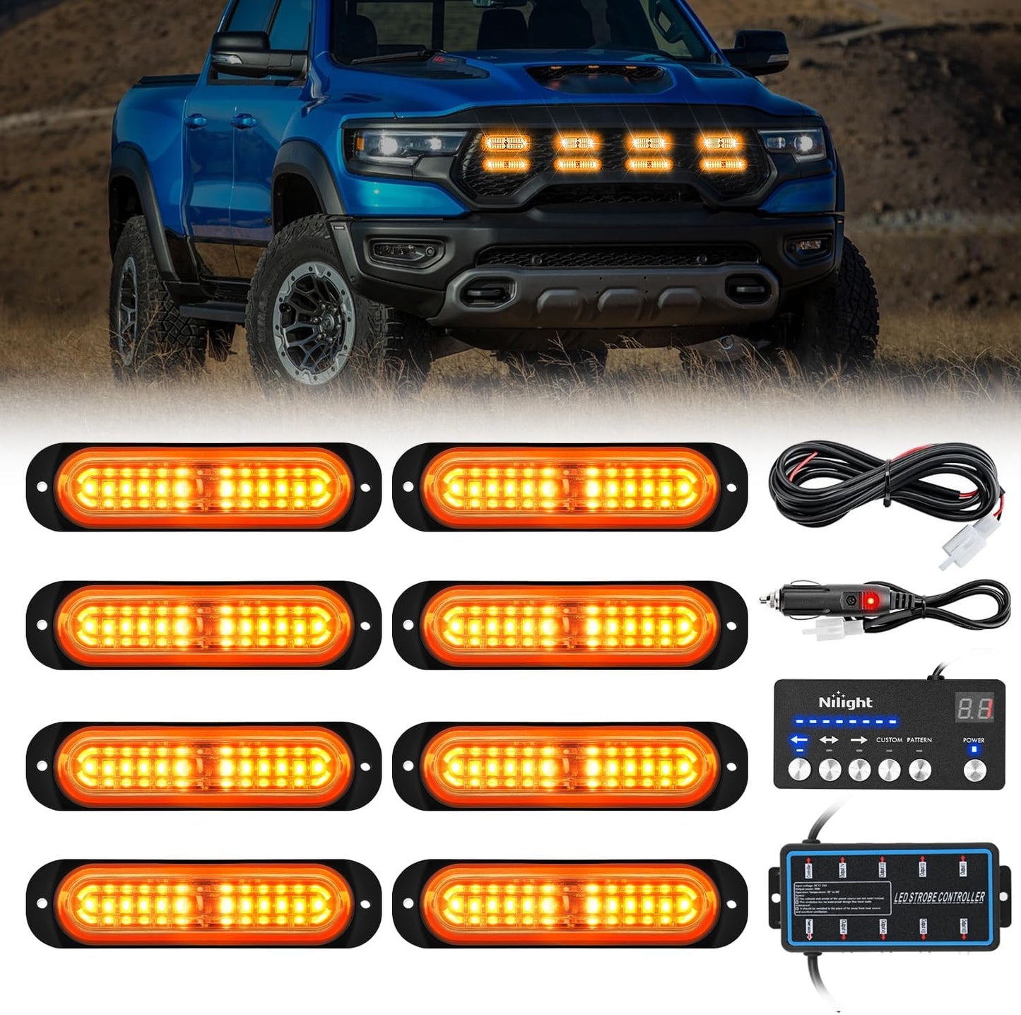 8 Pzas Luces LED Estroboscópicas 12-24V Sincronización Ámbar