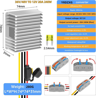 Convertidor voltaje 12V 240W impermeable para carros golf scooters