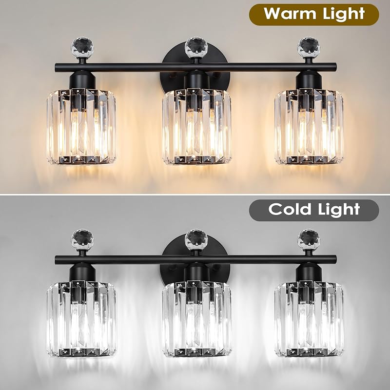 Lámpara tocador cristal 3 luces vertical negra para baño