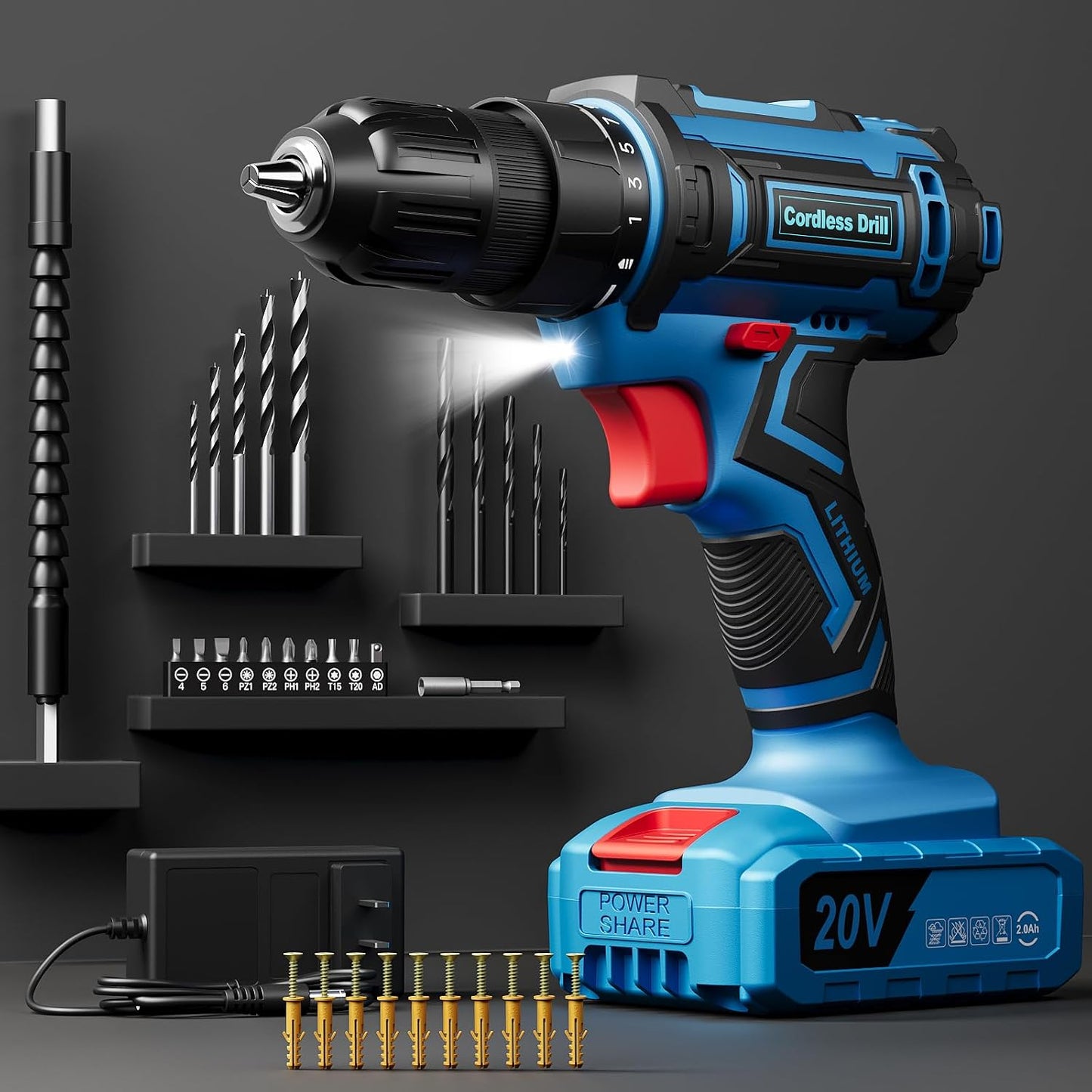 Set taladro inalámbrico 20V 2.0ah con 42 pzas brocas