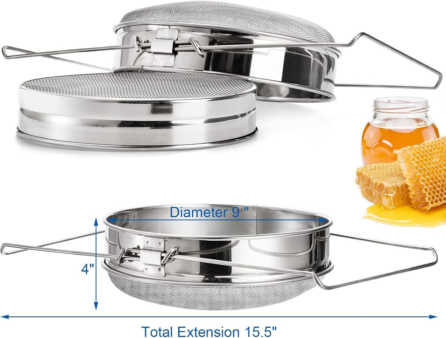Colador miel acero inox 9" x4" tamiz doble