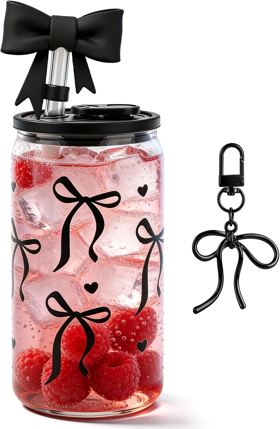 Taza cristal lazo negro 18oz con cubierta popote llavero