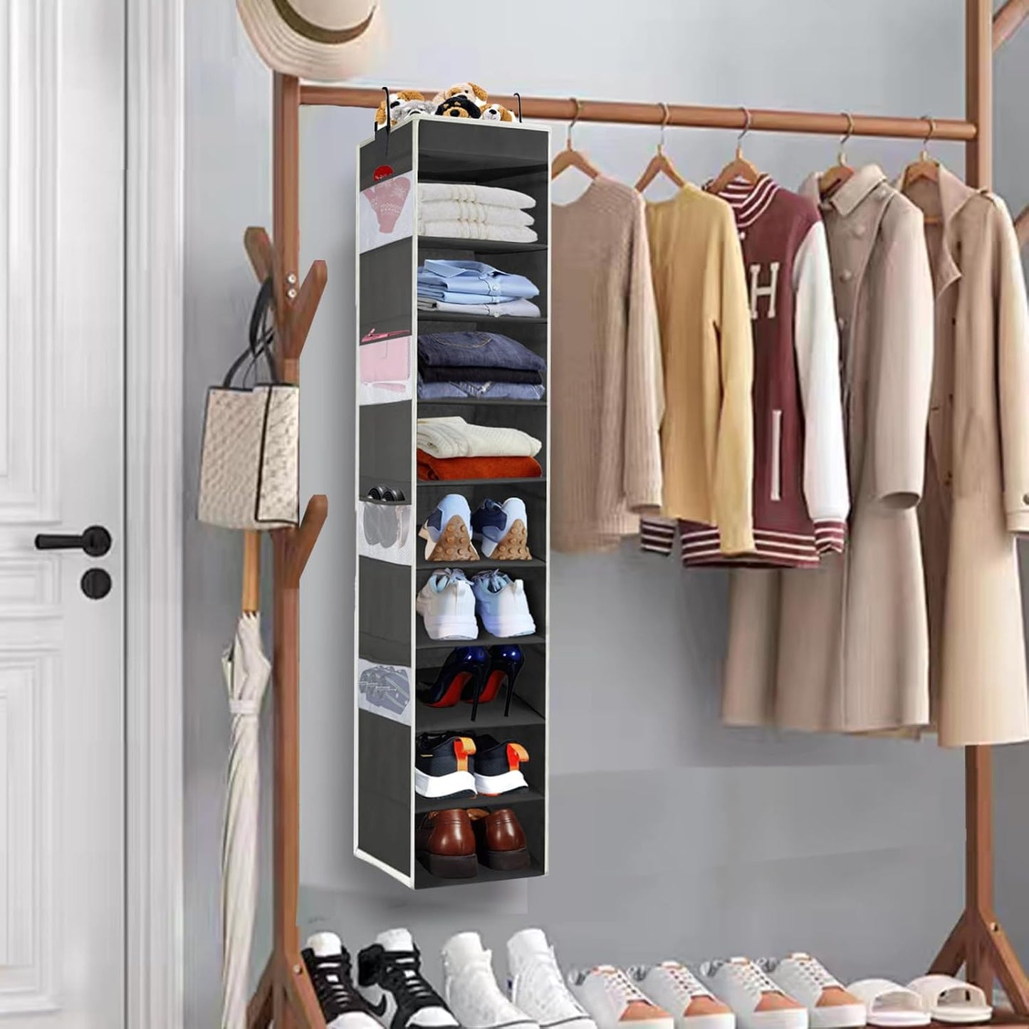 Organiz. zapatos colgante 10 estantes 8 bolsillos laterales