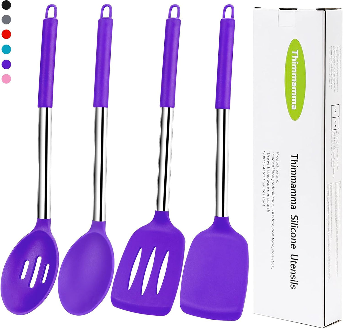 4 Pzas Espátulas Silicona Mango Acero Inox Morado Sin BPA