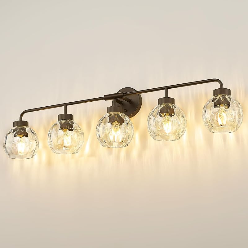 Lámpara baño 5 luces bronce aceitado globo vidrio ondulado
