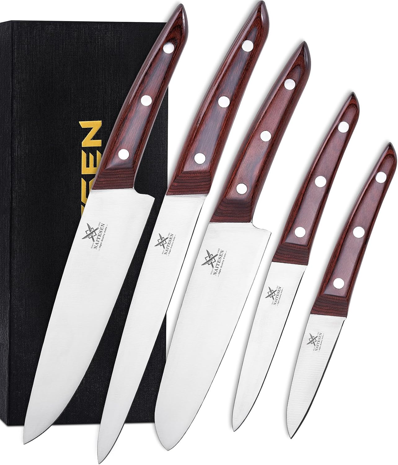 Set 5 Cuchillos Chef Acero Alto Carbono Mango Madera Afilado