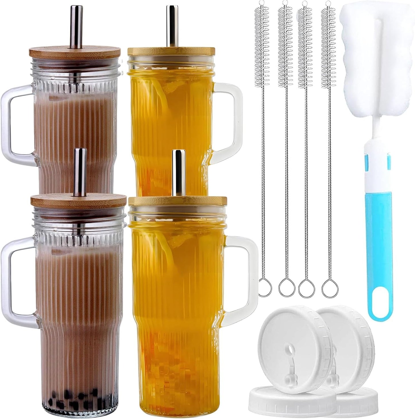 Vasos vidrio acanalados con tapa popote bambú 24oz