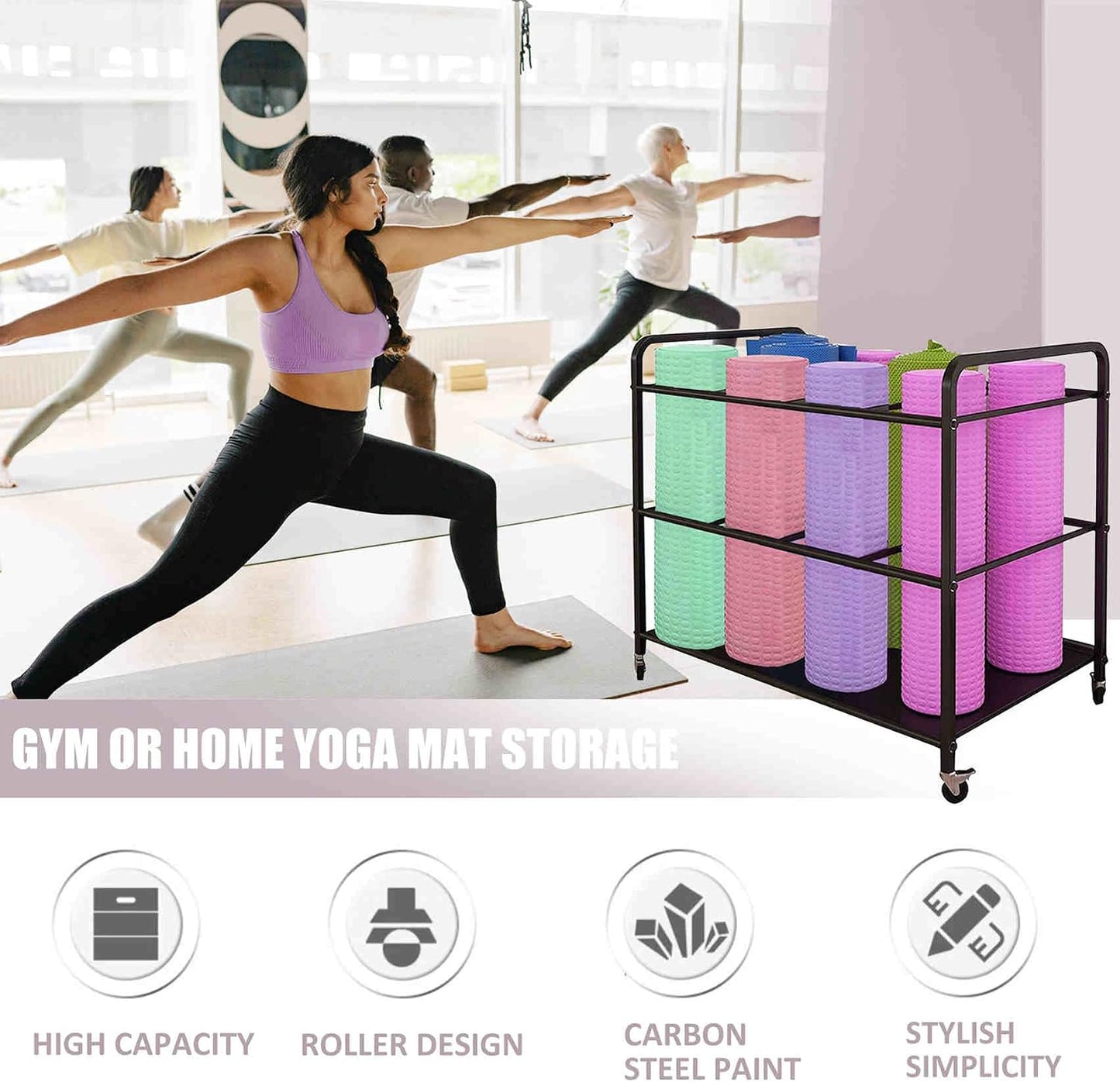 Estante con ruedas para esterilla yoga y equipo de ejercicio