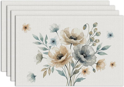 Set 4 manteles lino estampado amapola neutra antideslizante
