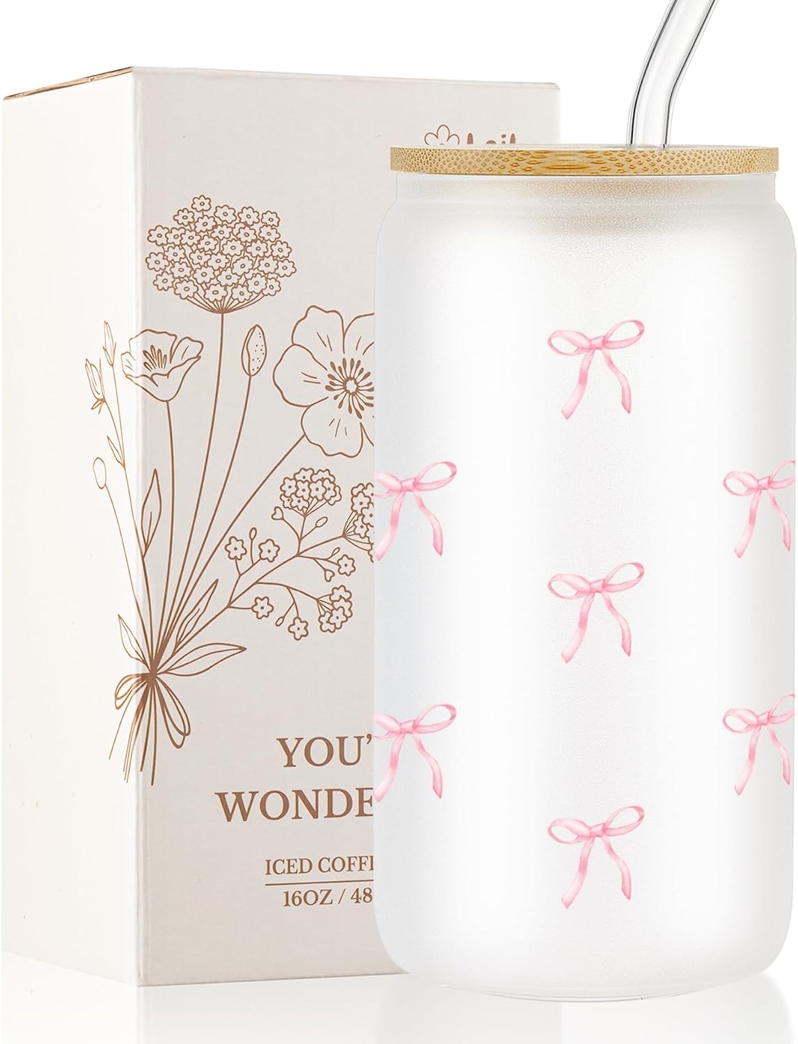 Vaso vidrio lazo rosa con tapa pajita 16oz taza Matcha