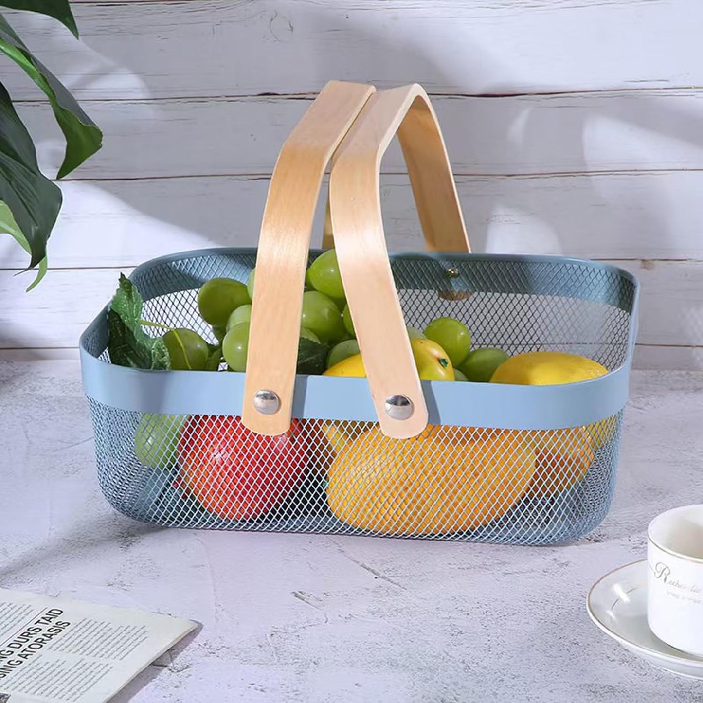 Cesta acero malla multifuncional con mango madera