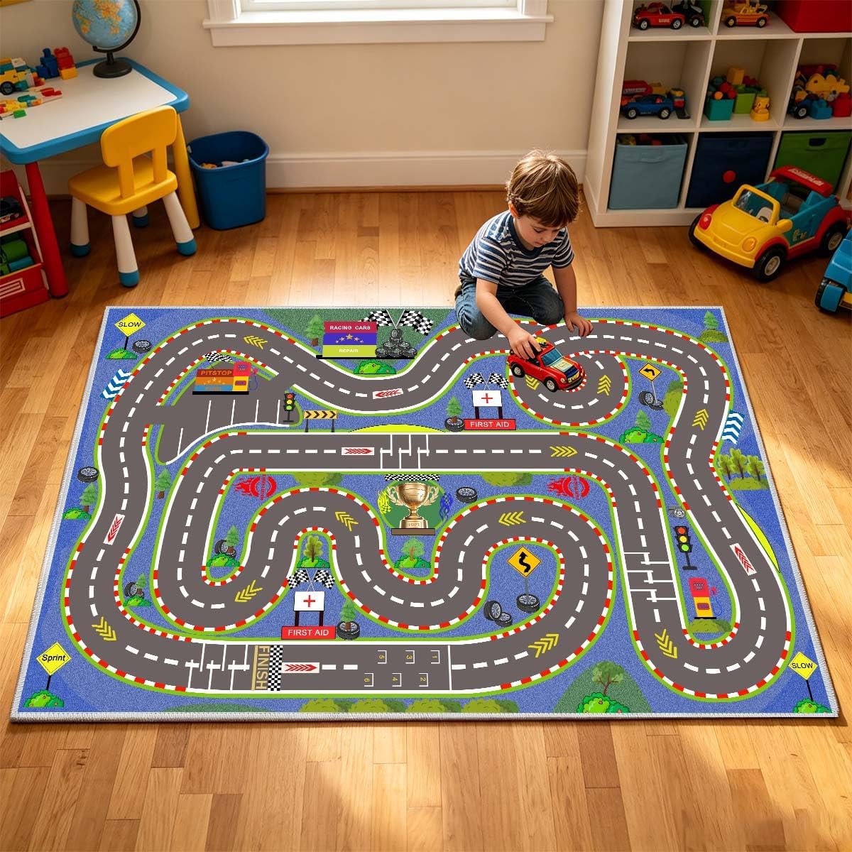 Alfombra pista carreras niños 70x47" con respaldo goma