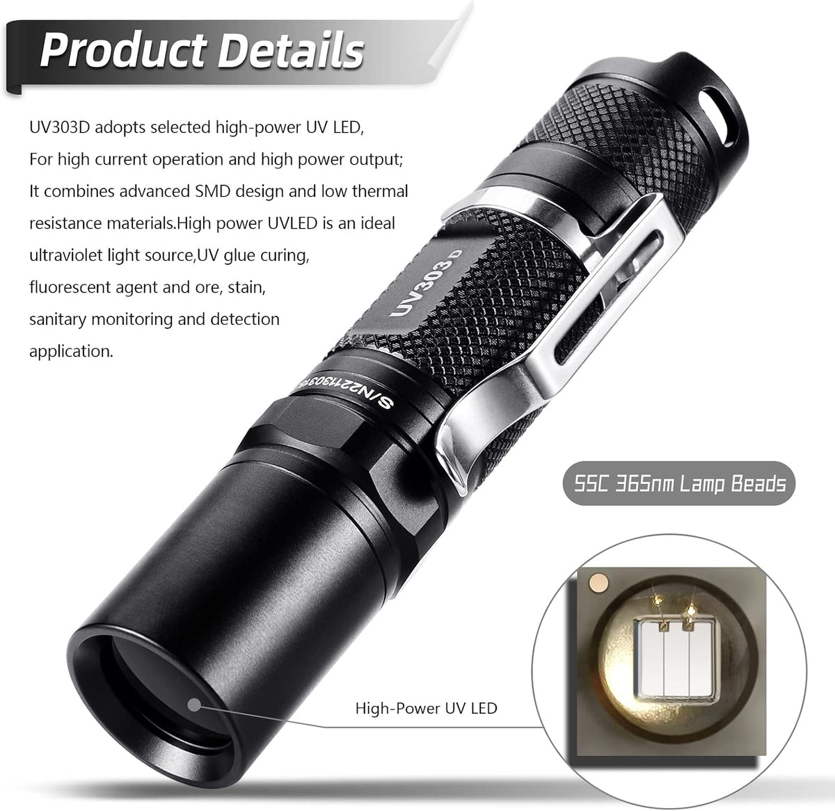 Linterna UV 365nm alta potencia profesional