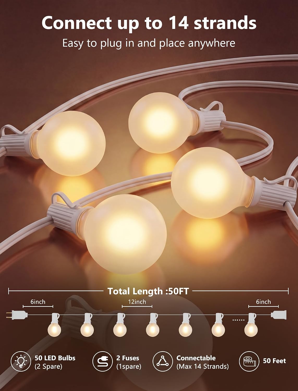 Cadena luces LED 50ft 52 bombillas blancas impermeable