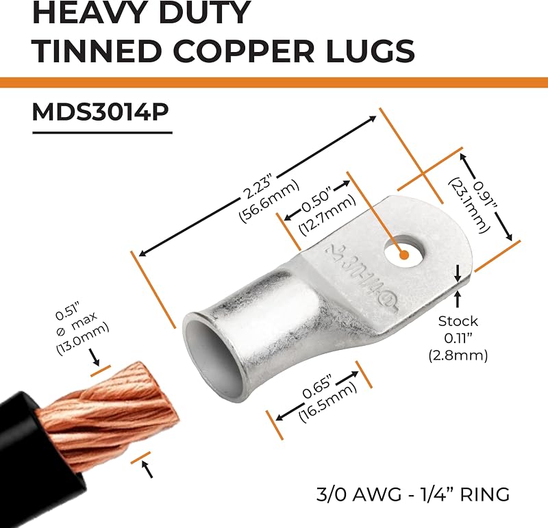25 Pzas Lengüetas Cable Batería Cobre Estañado 3/0 AWG