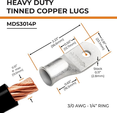 25 Pzas Lengüetas Cable Batería Cobre Estañado 3/0 AWG