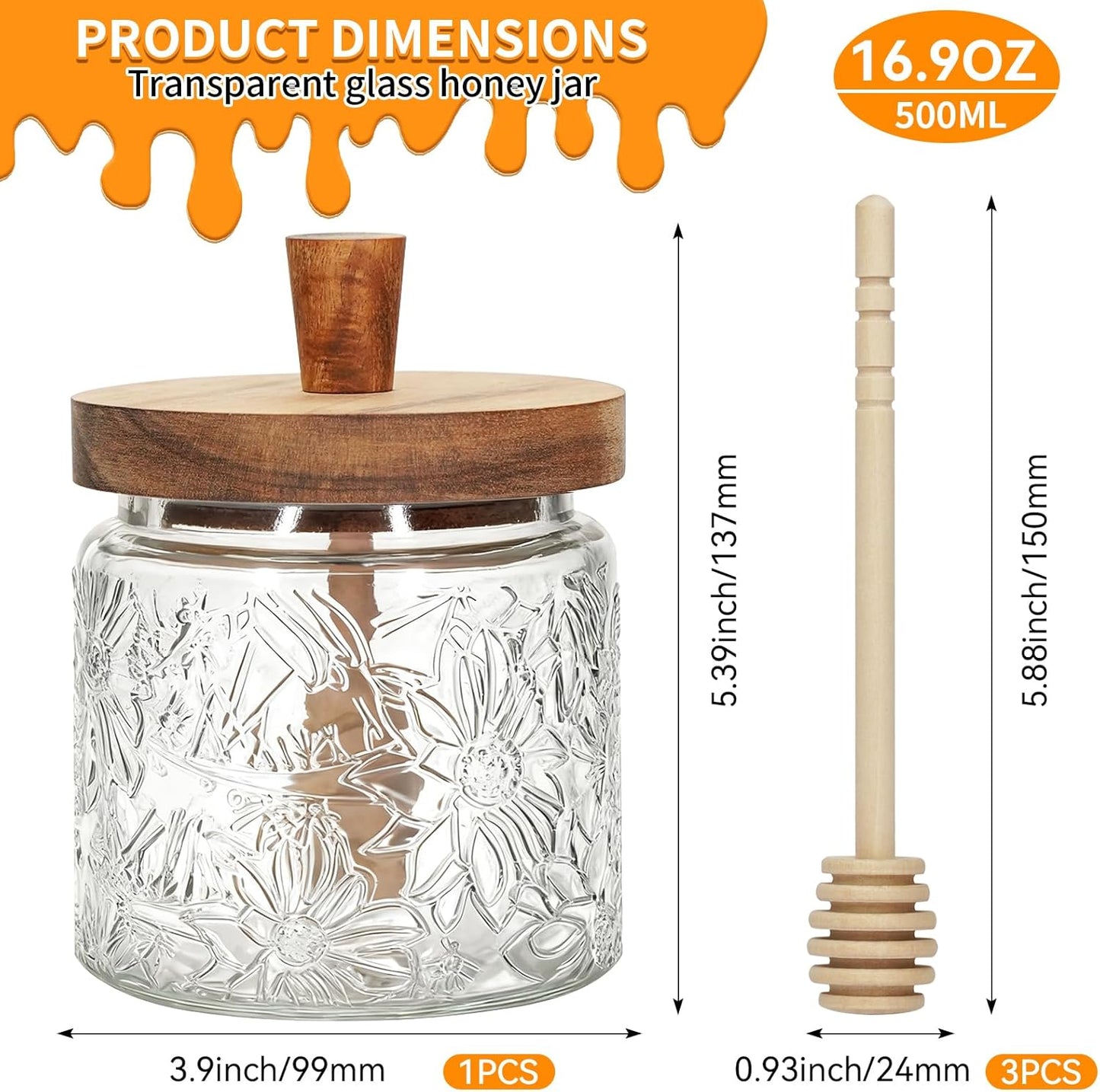 Jarra de miel de 17 oz con 3 palillos de madera para cocina y almacenamiento