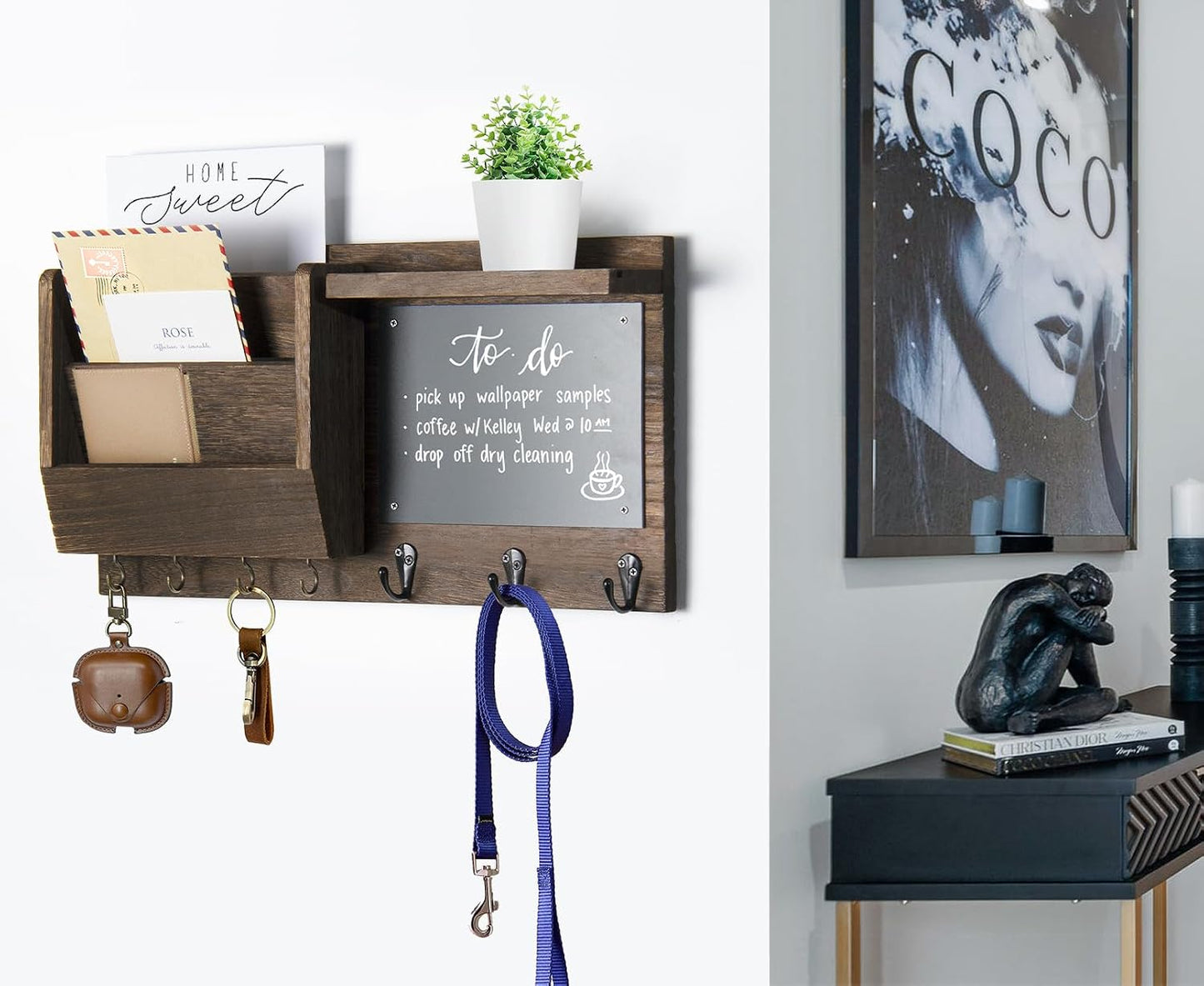 Soporte llaves pared con estante y ganchos decorativos