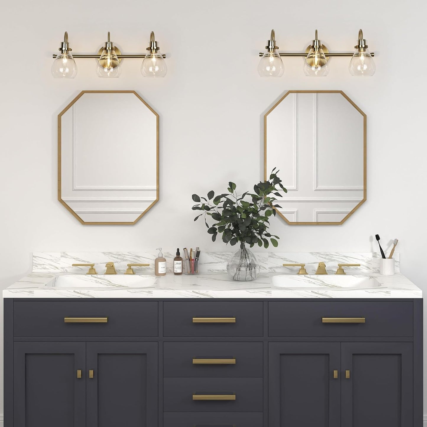 Lámpara baño 3 luces latón galvanizado vidrio