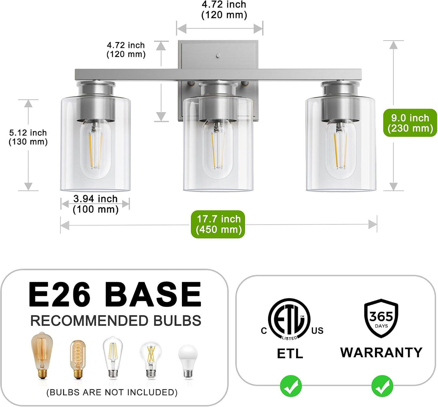 Lámpara baño 3 luces níquel 17.7pulg vidrio