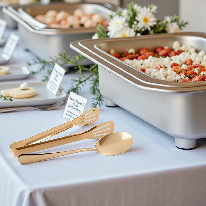 Set 12 Utensilios Acero Inox Dorado para Bufé Catering