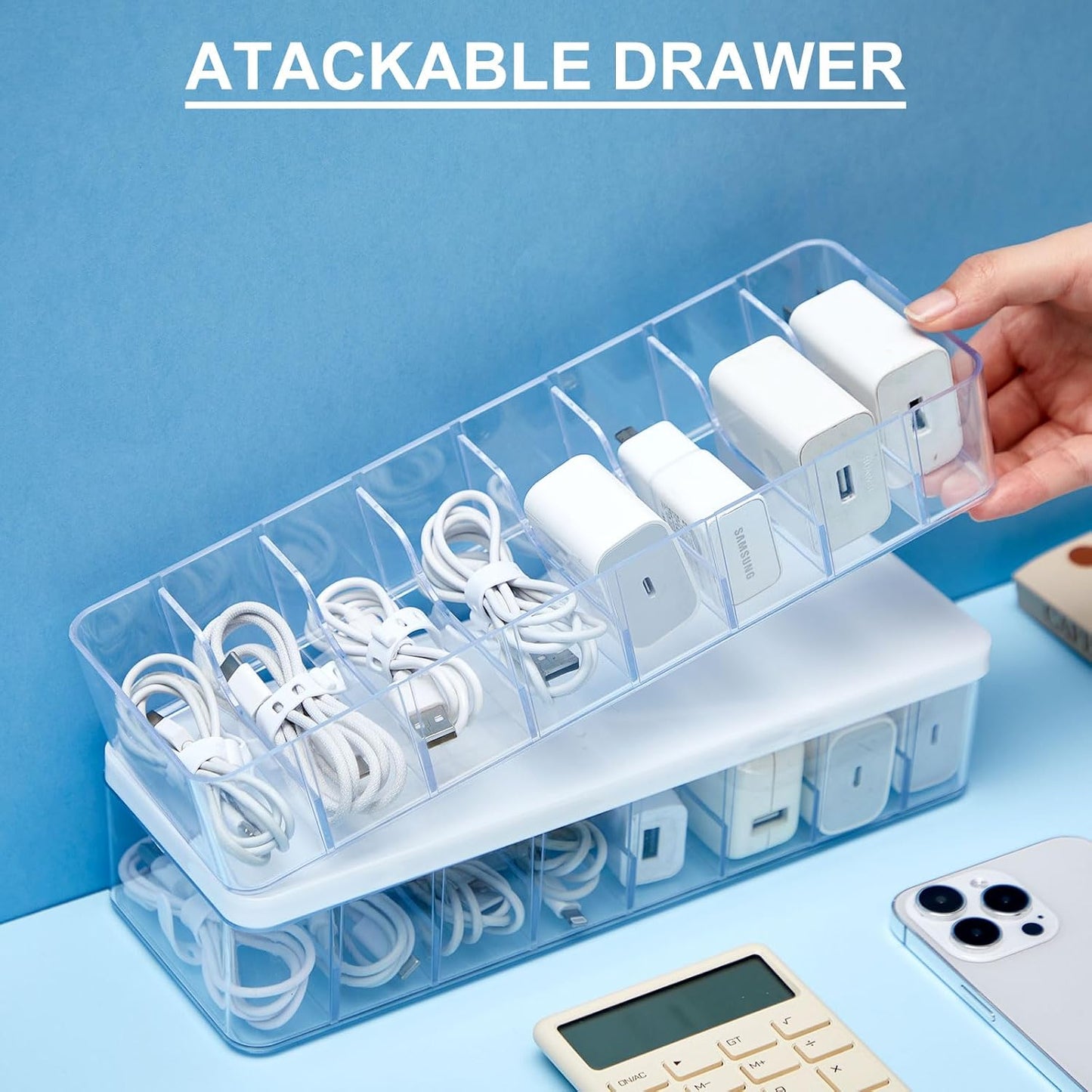 Caja organizadora cables 4 pzas con lazos plástico tapa