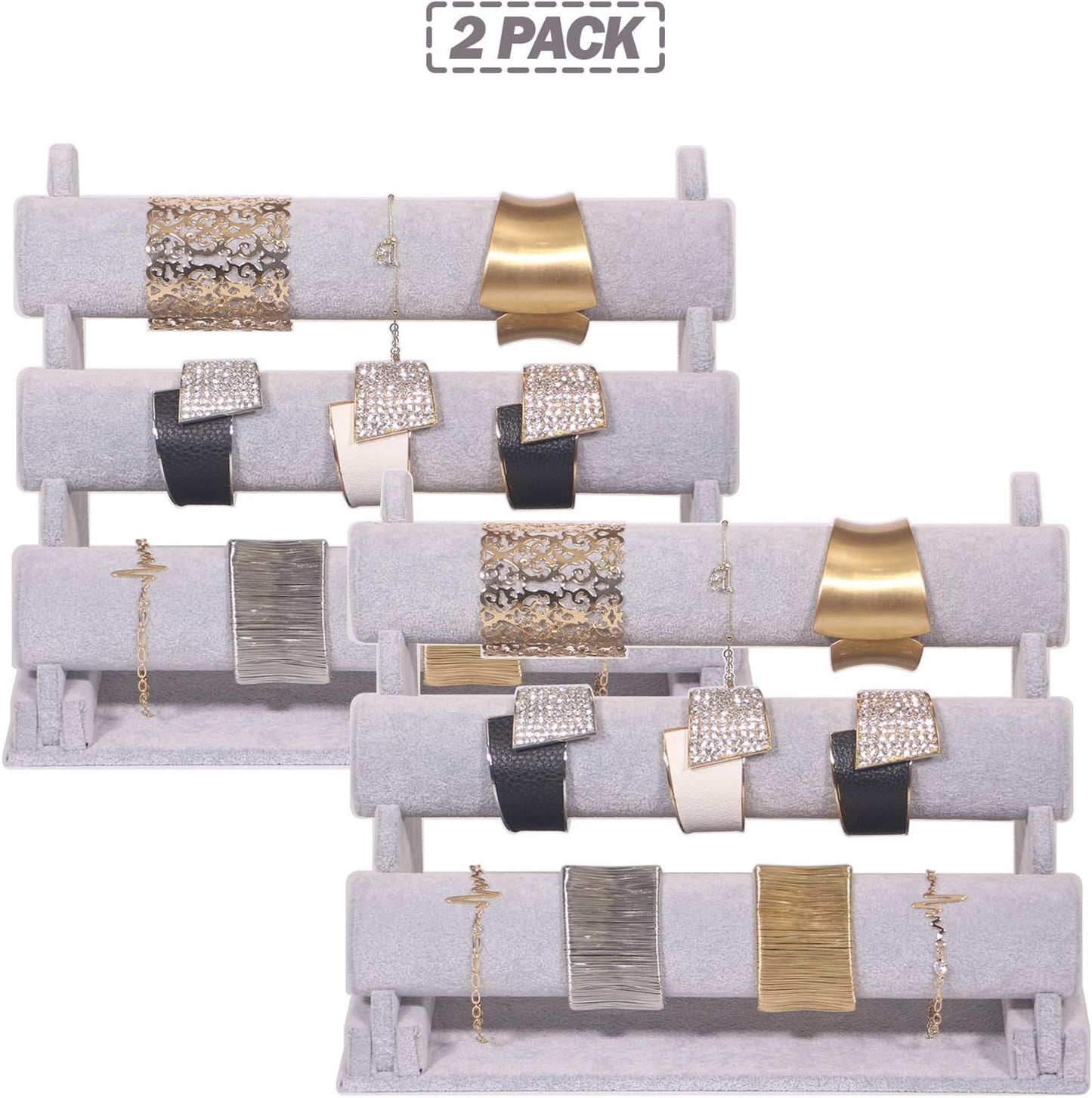 2 Soportes terciopelo para joyas y relojes 3 niveles gris