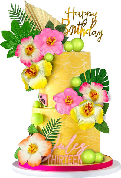 25 Adornos Tarta Hawaiana Hojas Palma Hibisco Bola