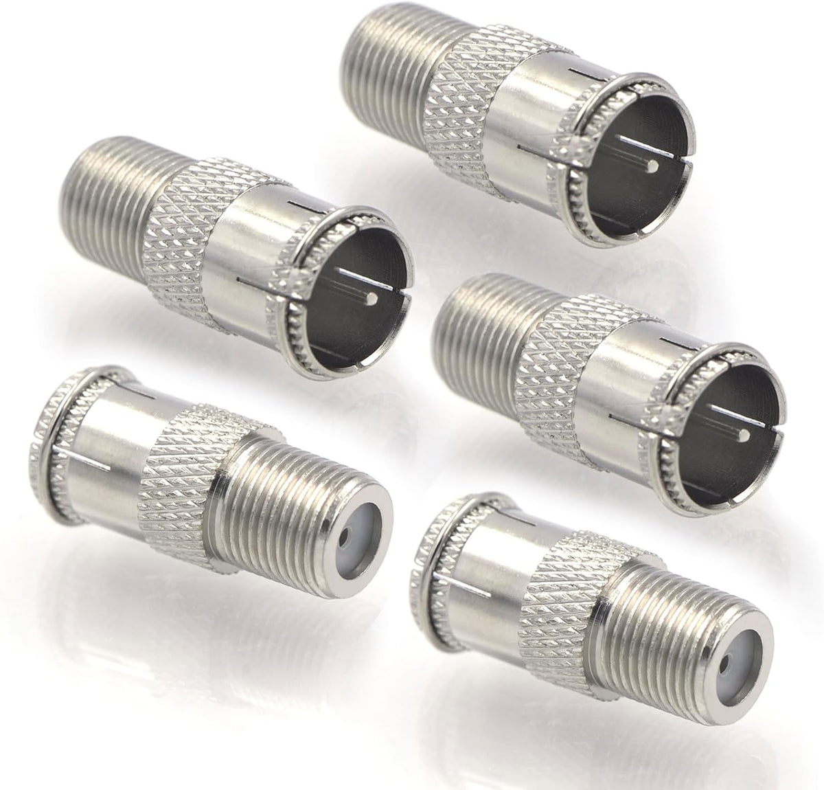 Adaptador coaxial tipo F macho a hembra niquelado paquete 5