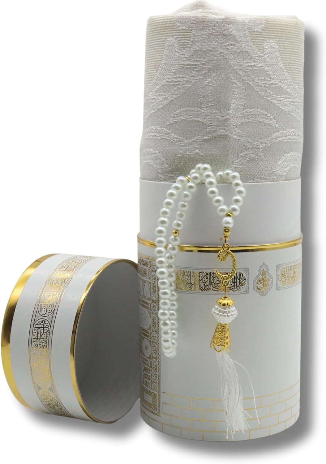Juego alfombra oración musulmana con caja Kaaba blanco