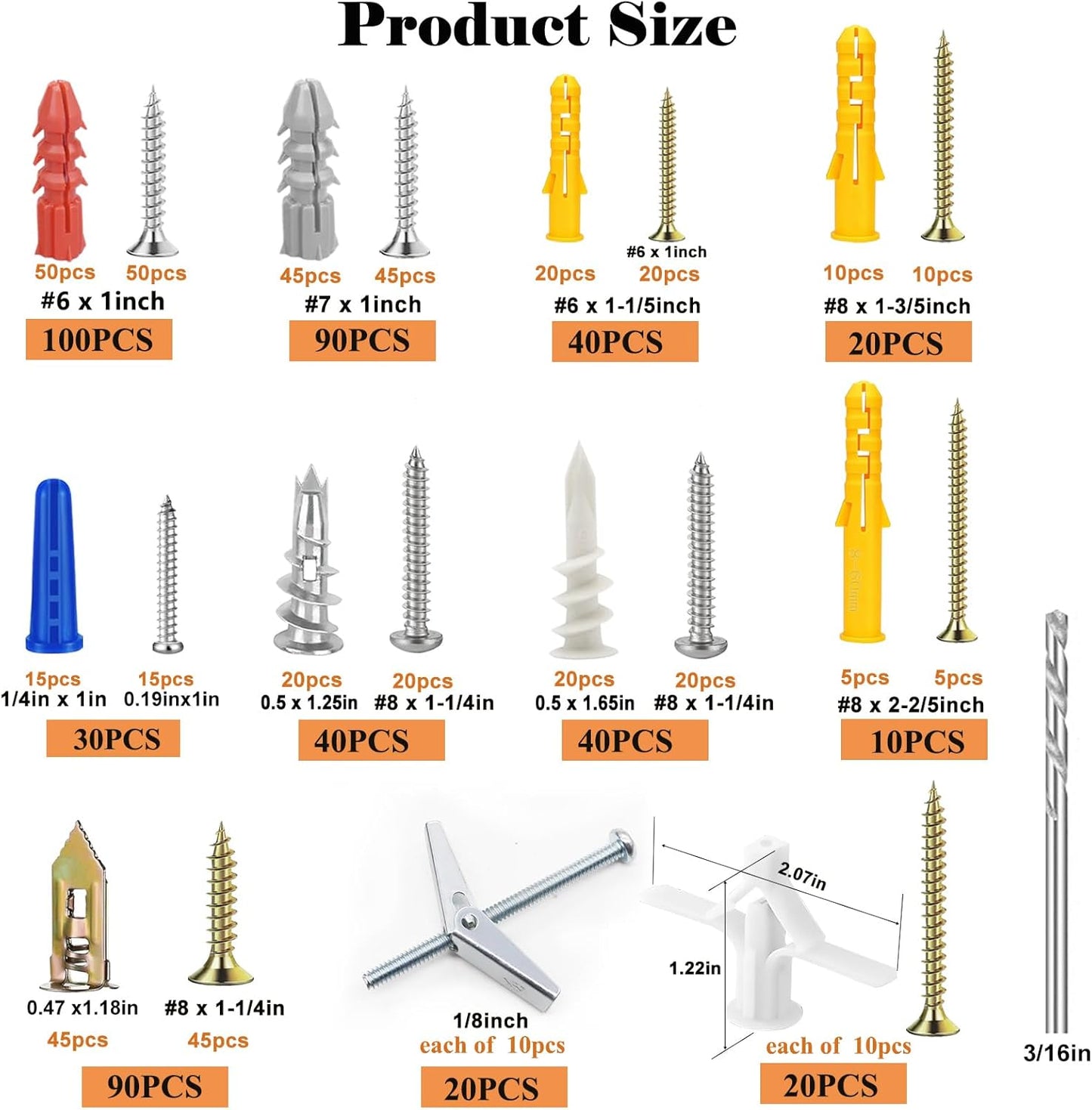 Kit 501 pzas anclajes yeso y pernos mariposa 250