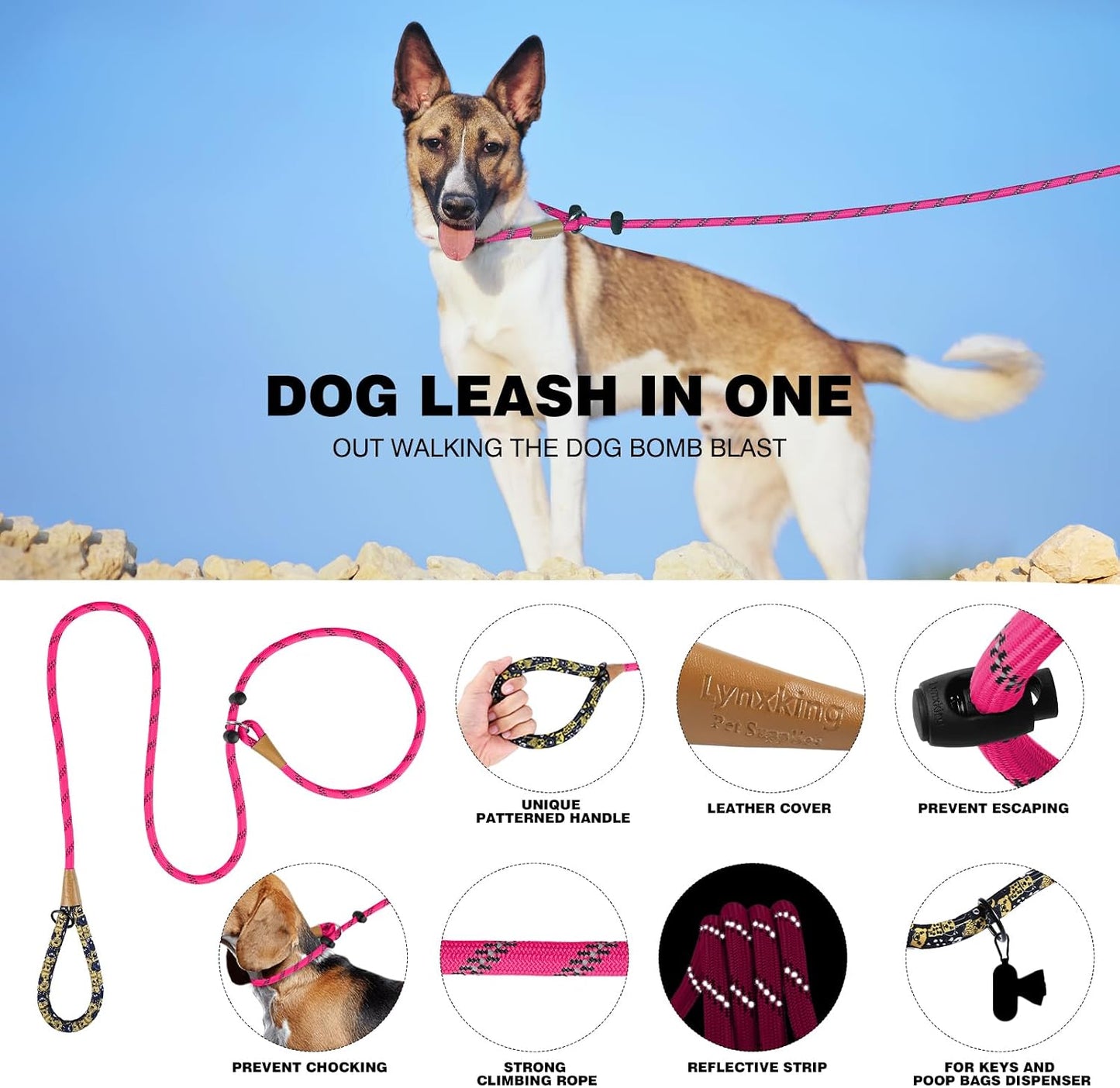 Correa antiderrap para perros 1/2pulg x6ft 2pzas rosa