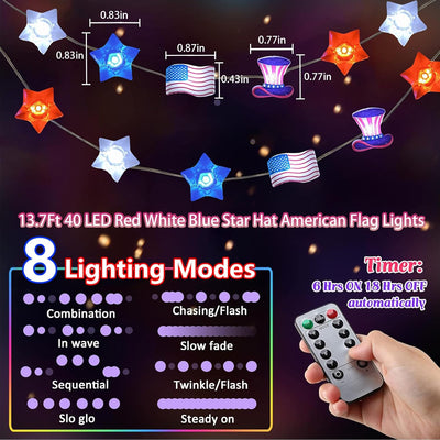 Guirnalda luces patrióticas 13.7ft 40LED con temporizador