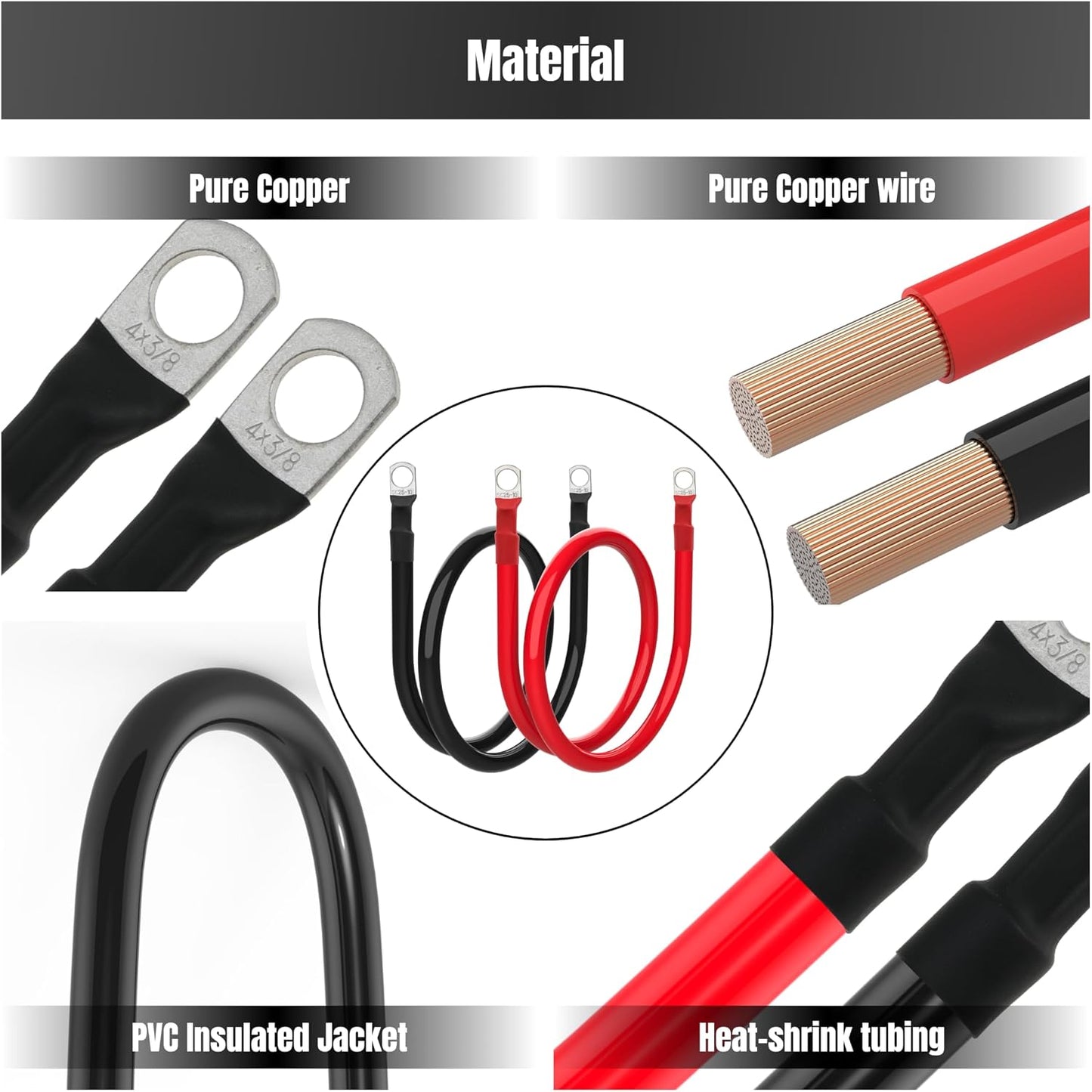 Cable batería 4AWG 3 pies con terminales 3/8" inversor