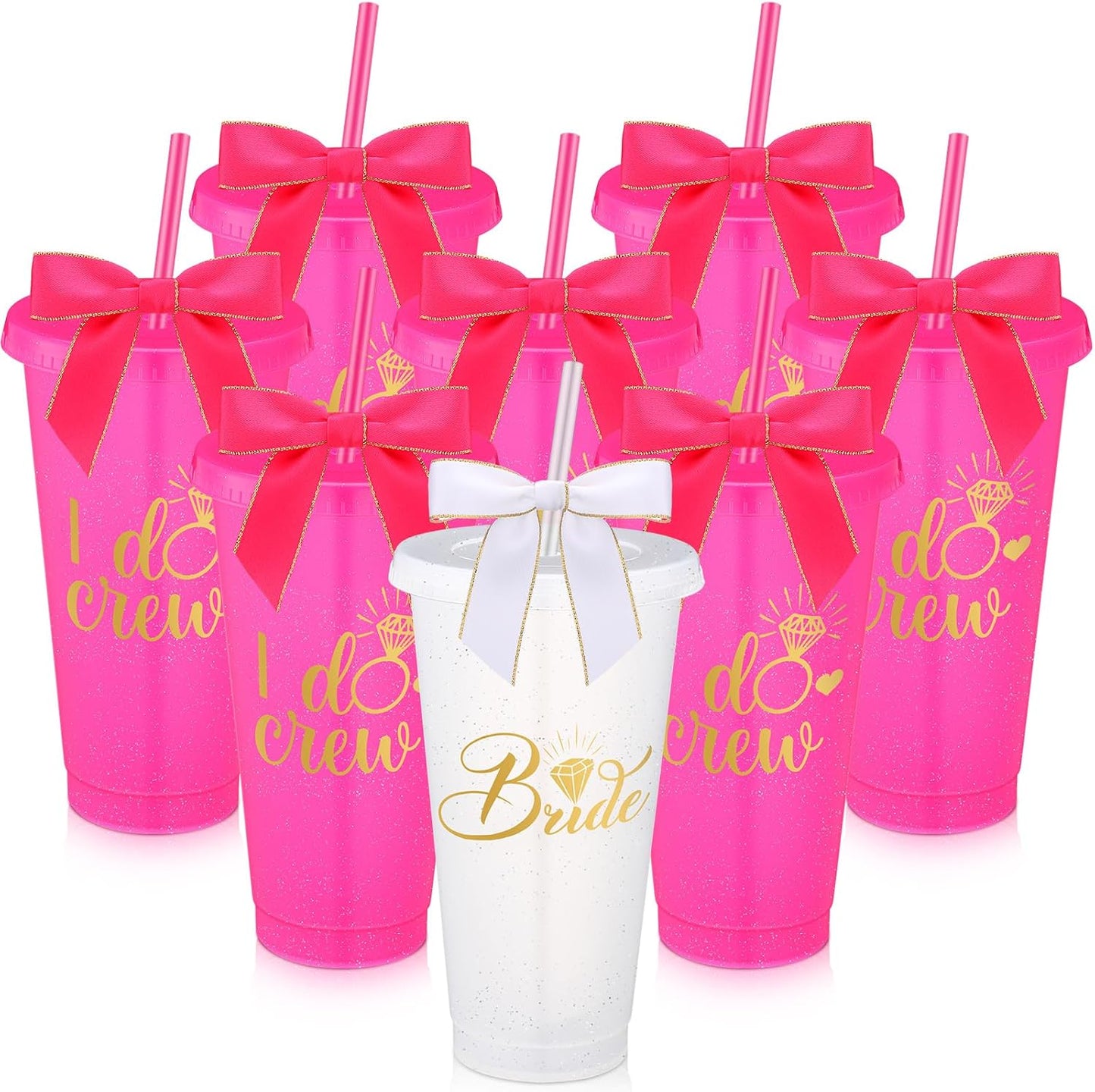 8 Vases Plástico Dama Honor con Tapa Popote Lazo 24oz Rojo Rosa