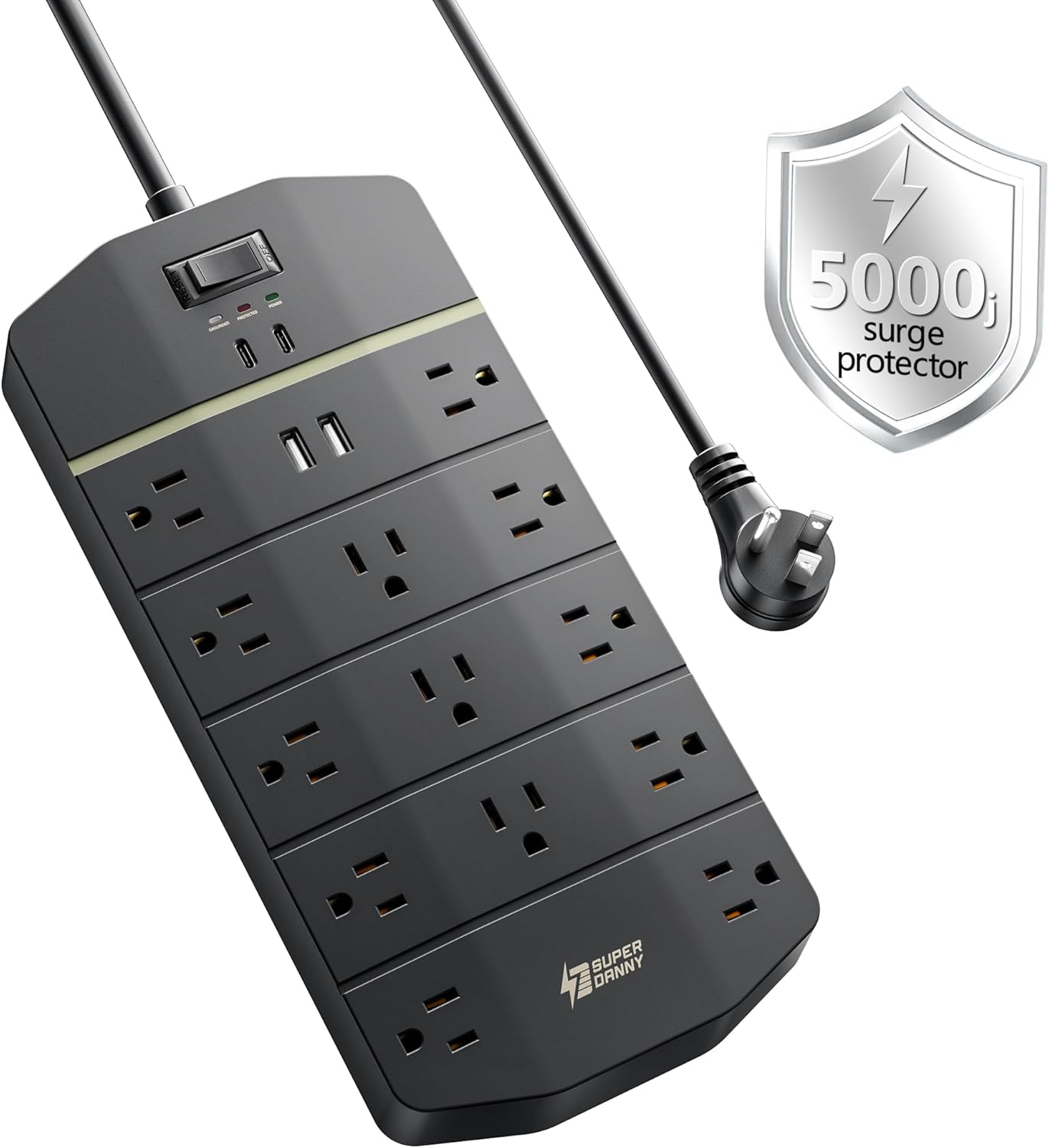 Regleta sobretensión 15A 5000J 13 salidas CA USB-A USB-C PD