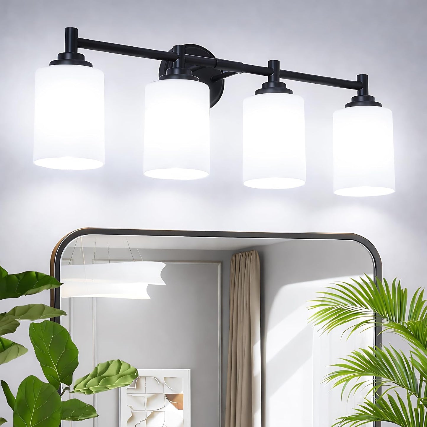 Lámpara baño 4 luces luz negra sobre espejo vidrio blanco crema