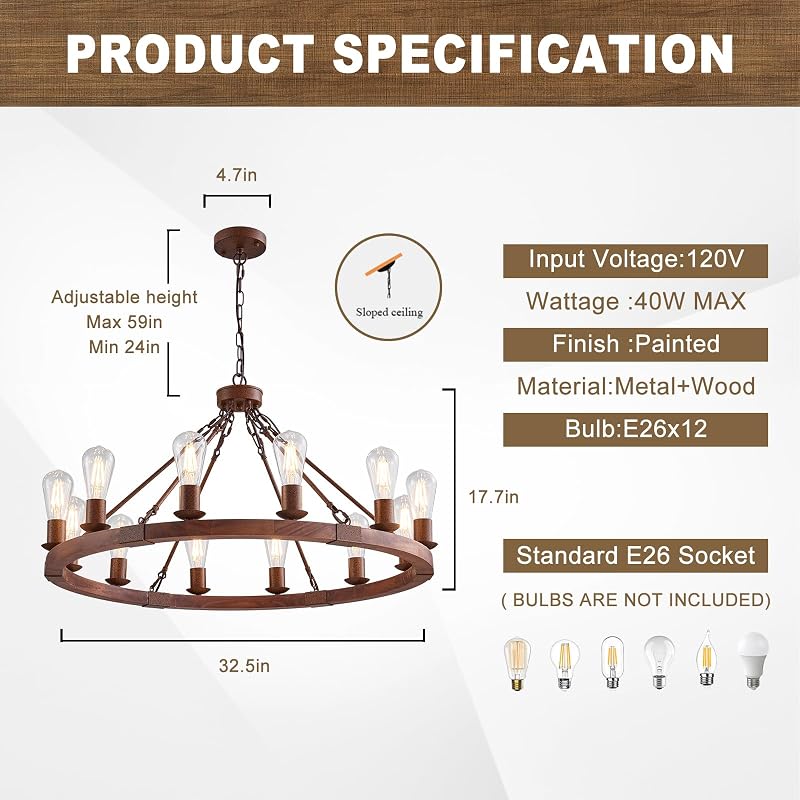 Lámpara araña madera 32.5" 12 luces metal industrial comedor