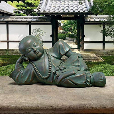 Estatua niño asiático jardín 24pulg resina bronce verde